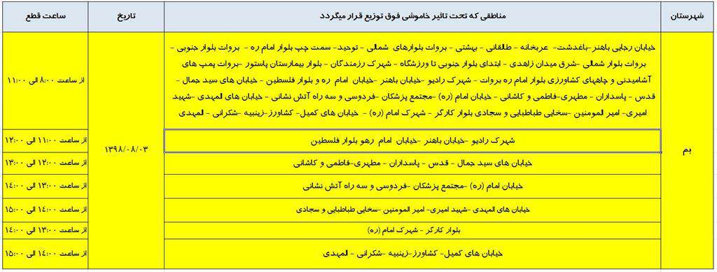 اطلاعات خاموشي 3 آبان ماه 98 شهرستان بم
