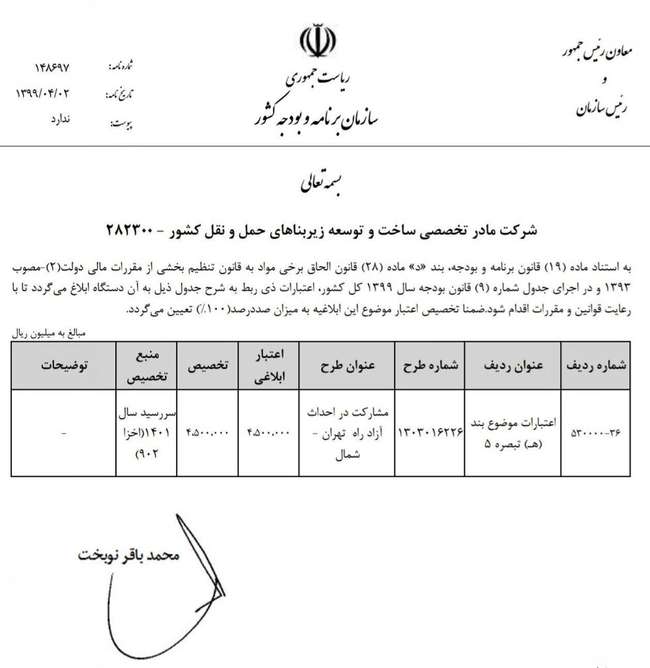 تخصیص ۴۵۰ میلیارد تومان برای احداث فاز ۲ آزادراه تهران - شمال