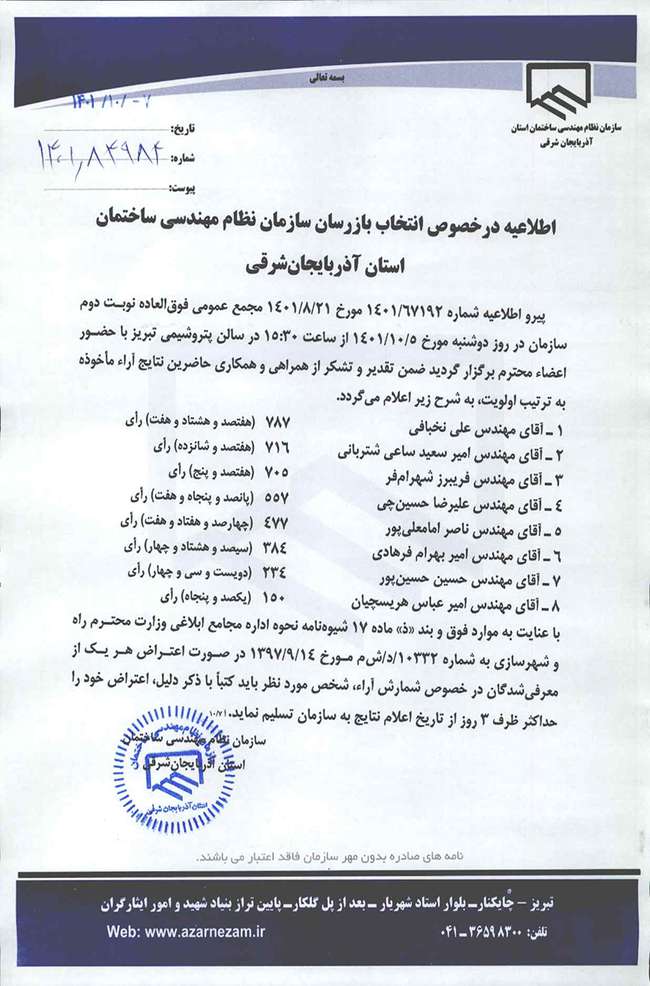 اطلاعیه درخصوص انتخاب بازرسان سازمان نظام مهندسی ساختمان استان آذربایجان شرقی