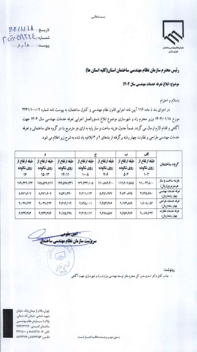 از سوی سازمان نظام مهندسی ساختمان انجام شد؛ ابلاغ تعرفه سال ۱۴۰۴ خدمات مهندسی
