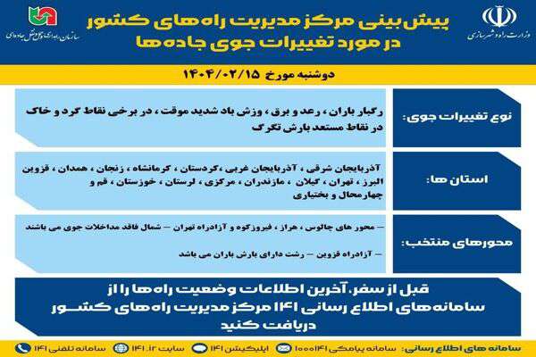 اطلاع نگاشت| پیش‌بینی تغییرات جوی در جاده‌های کشور در روز دوشنبه ۱۵ اردیبهشت‌ماه ۱۴۰۴